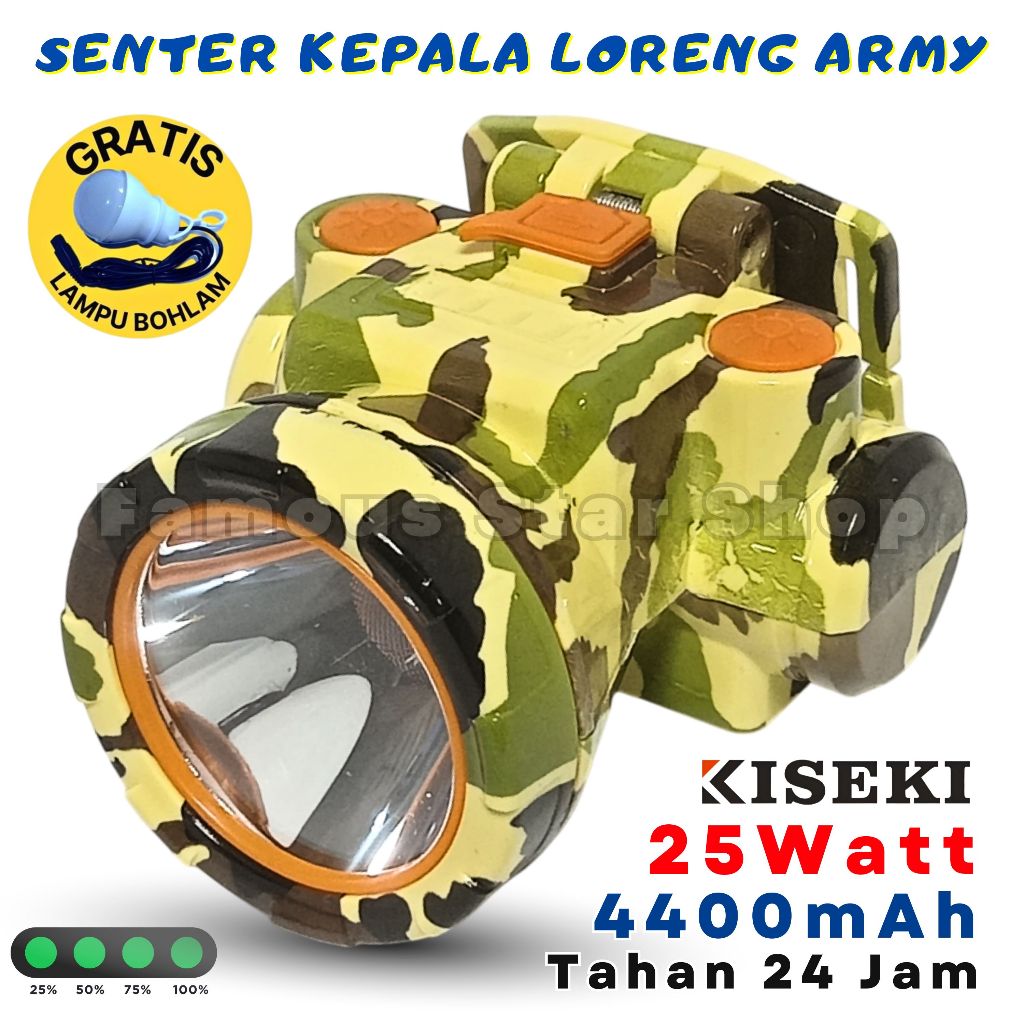 Senter Kepala Tahan 24 Jam Bonus Lampu Bohlamp Warna Loreng Army Headlamp LED Cas Baterai Lithium 44