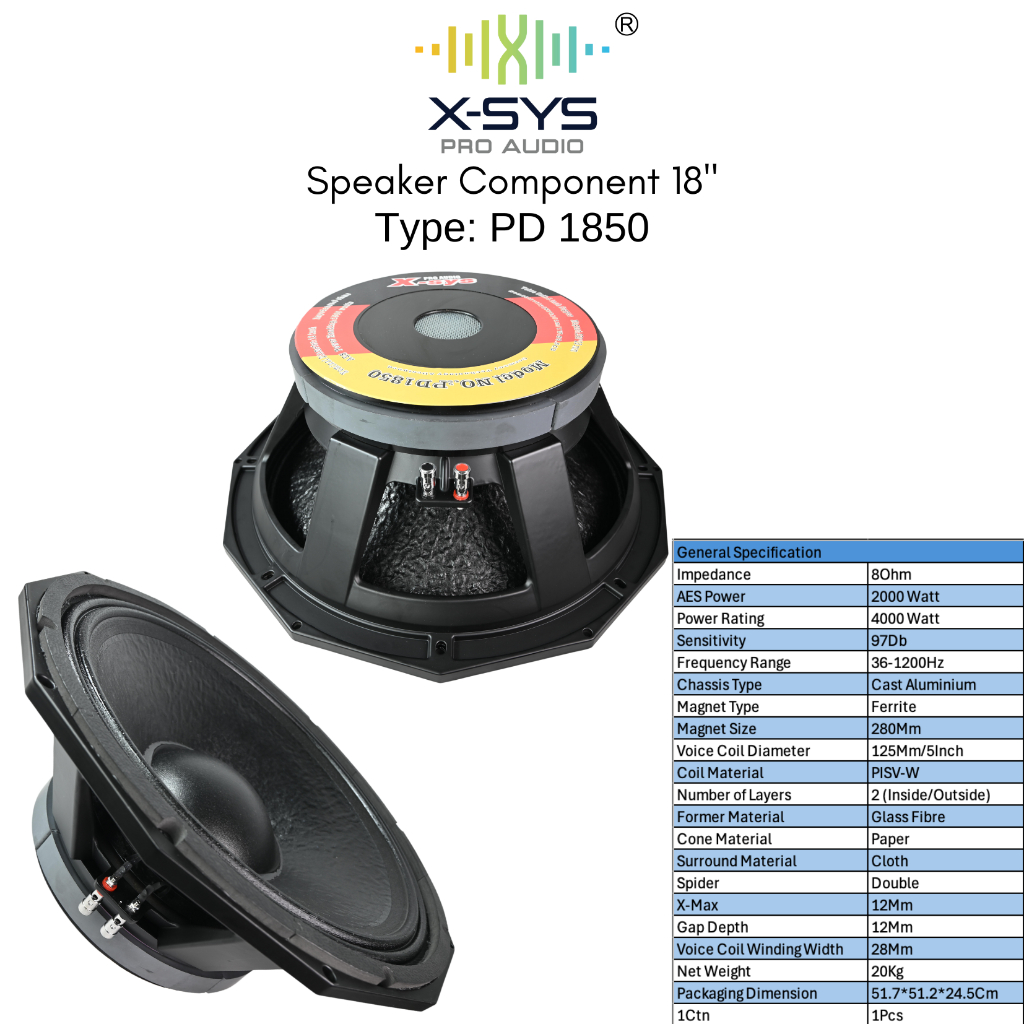 SPEAKER COMPONENT XSYS 18Inch TYPE PD1850