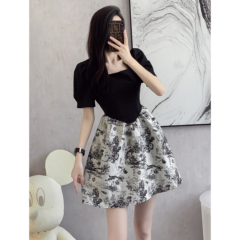 dress wanita korea import hitam lengan pendek D8109