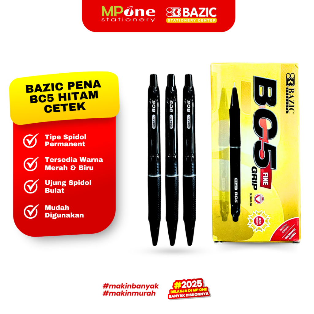 

(1 KOTAK) Bazic Pena Cetek 0,5mm BC5 Tinta Hitam / Pulpen Cetekan Fine Grip / Pena Retractable BAZIC (12 PCS)
