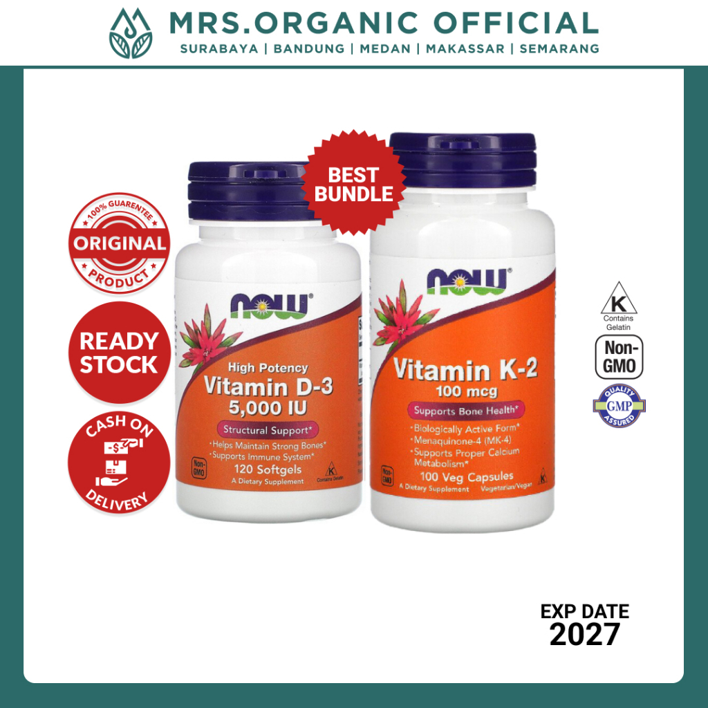 BUNDLING D3K2 Suplemen Vitamin NOW D3 5000IU + K2 100mcg - Support Kesehatan Tulang dan Pembuluh Dar