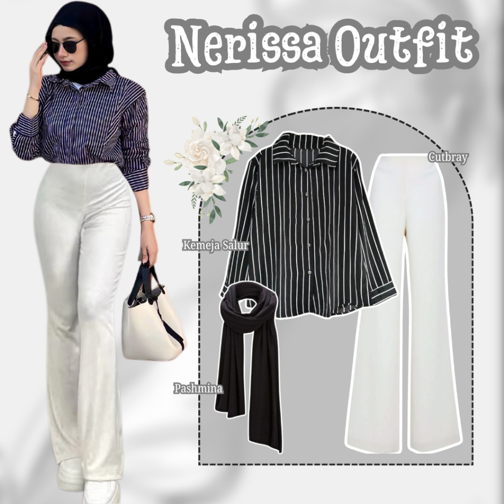 One Set Nerissa { Kemeja Salur + Celana Cutbray + Pashmina Hitam } One Set Wanita Hijab Kekinian.