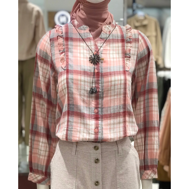 Triset kemeja wanita pink kotak-kotak new in