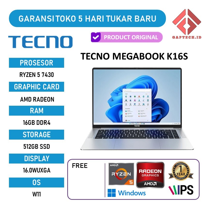 TECNO MEGABOOK K16S RYZEN 5 7430 16GB 512GB W11 16.0WUXGA IPS