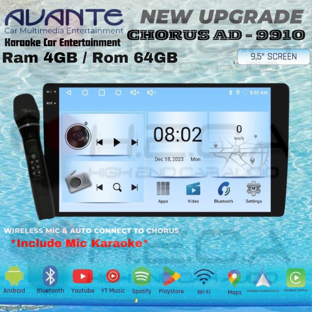 Avante Chorus Karaoke Android 9.5" inch 4/64 GB Head Unit AD-9910 Tape Mobil TV
