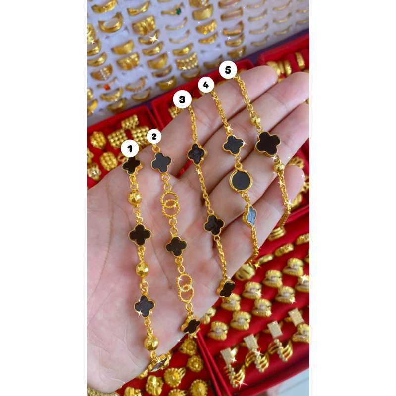 EMAS MALAYSIA GELANG CLOVER BUNGA HITAM BERSURAT