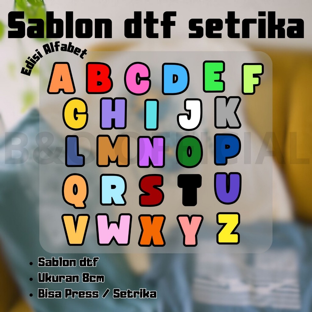 B&O Sablon Setrika DTF Stiker Huruf ABC Alfabet dan Angka Warna Warni