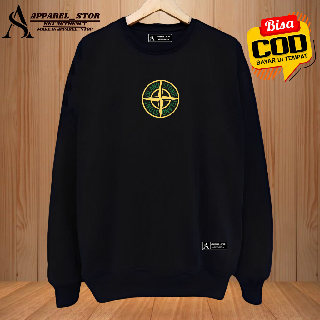 COD Sweater Crew Neck Pria Wanita Distro Ori Warna Hitam Sablon Stone Island Bahan Cattun Flecee Teb