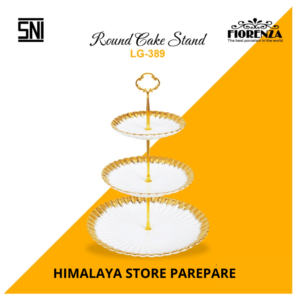Tempat Kue Keramik Rak Susun Tingkat 3 Bulat Motif Gold Fiorenza LG-389