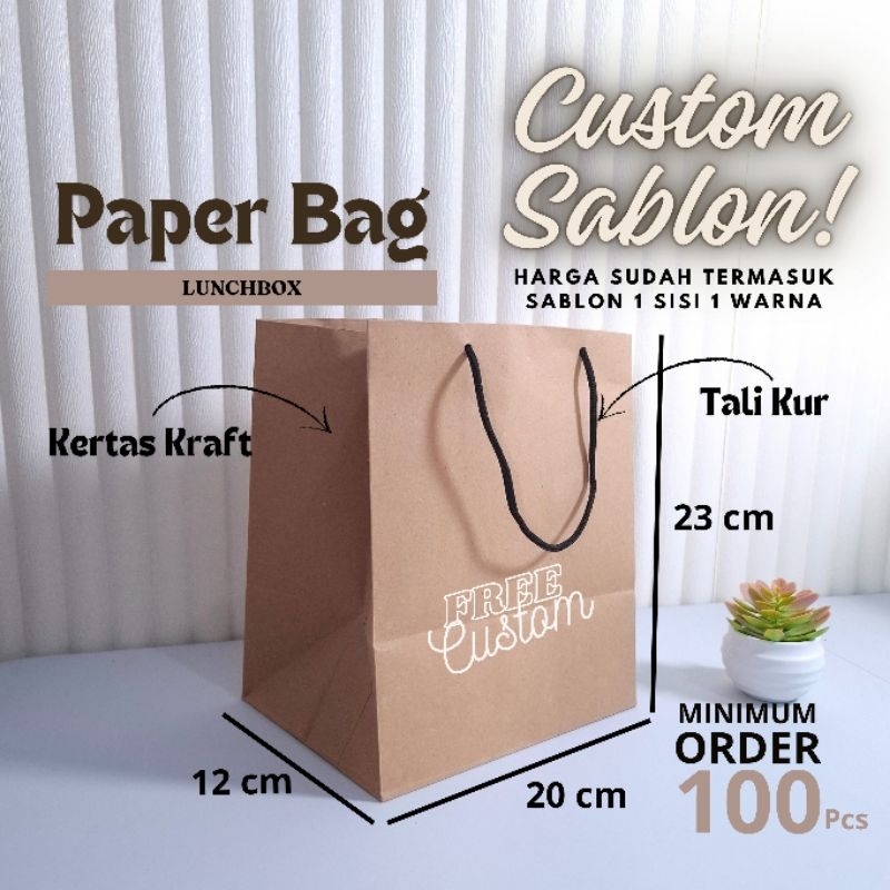 

Paper Bag 20 × 12 × 23 Tas Box Kertas Kraft Tebal Lunchbox Custom Sablon