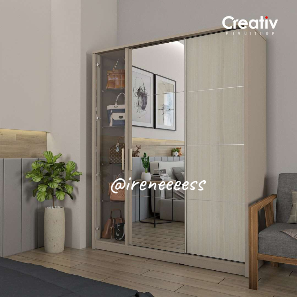 LEMARI PAKAIAN SLIDING 3 PINTU / PINTU KACA FULL BODY + KACA TRANSPARAN RAK TAS / LEMARI PAKAIAN MEW