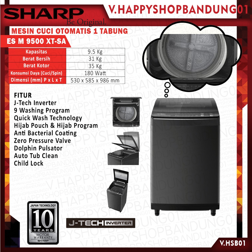 Mesin Cuci otomatis 1 Tabung Sharp 8.5 Kg / 9.5 Kg ES-M8500XT-SA / ES-M9500XT-SA Garansi resmi