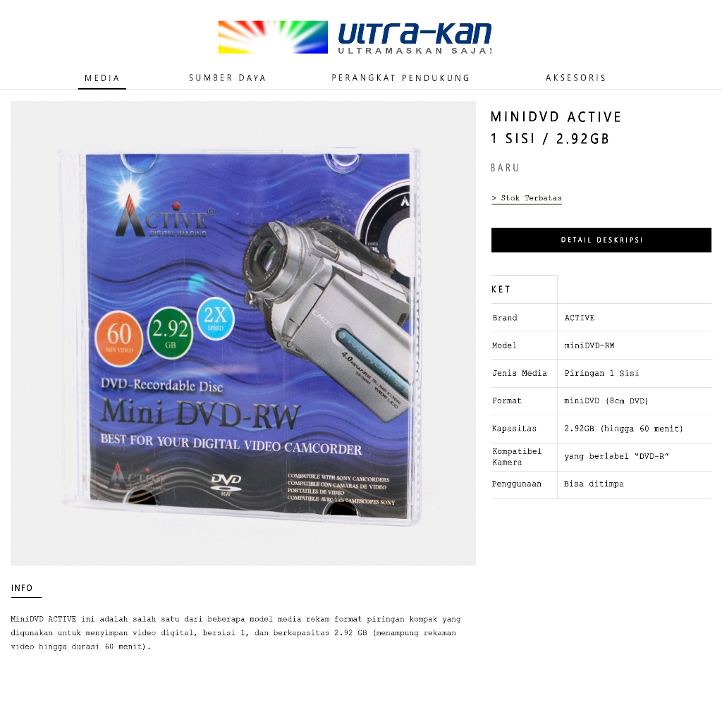 8cm DVD MiniDVD-RW ACTIVE 2.92GB (Piringan 1 Sisi)  - Media Rekam Kamera Video Handycam Format CD