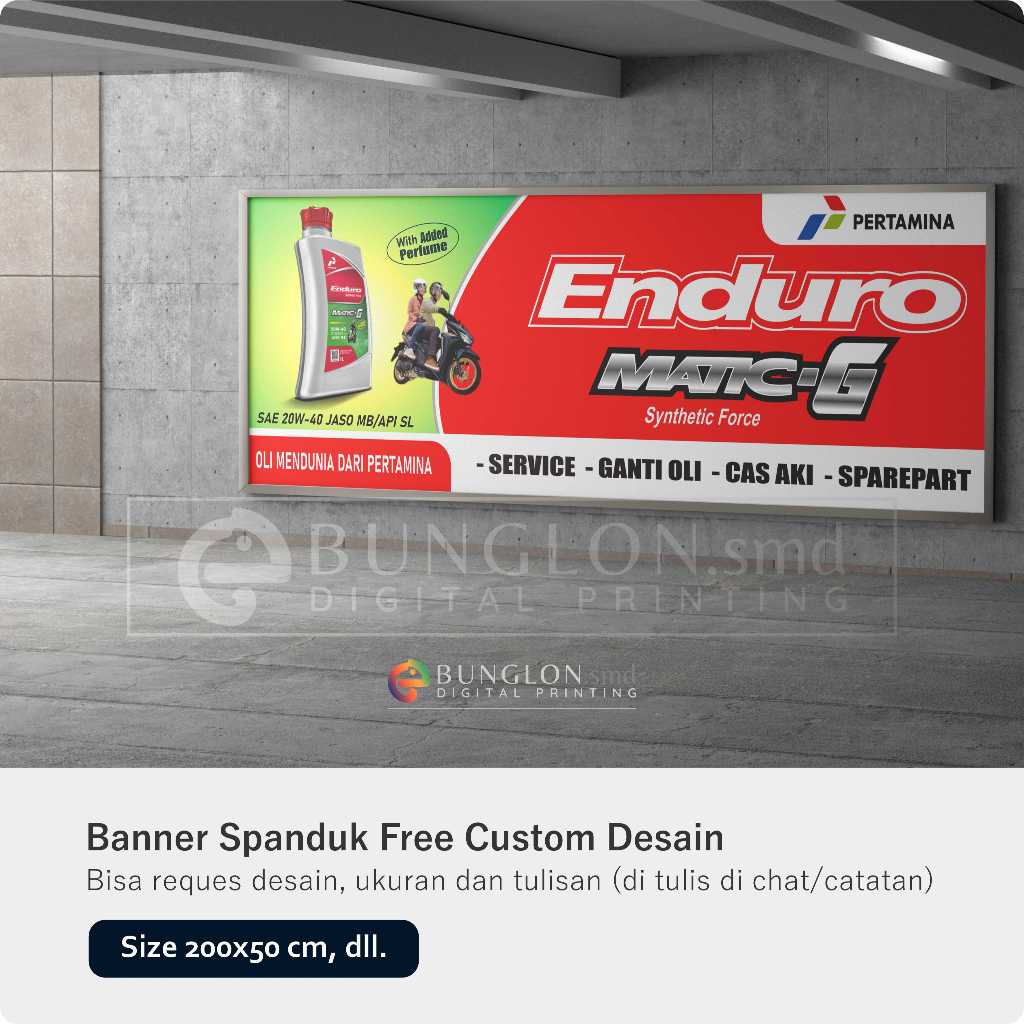 PRINT SPANDUK BANNER BENGKEL OLI PERTAMINA ENDURO CUSTOM NAMA