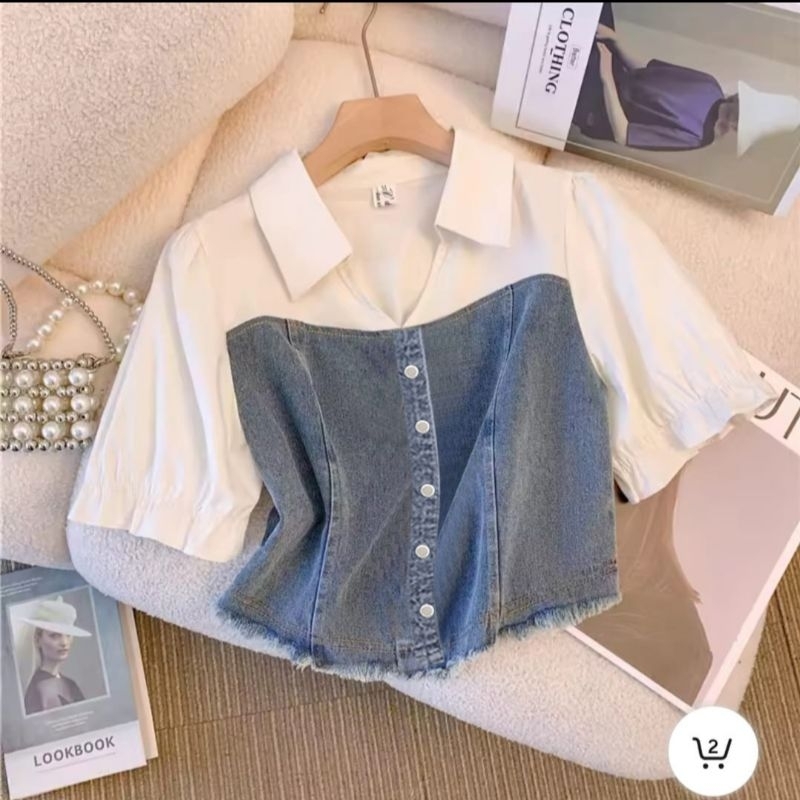 Baju Atasan Wanita Krop Top Jeans Kombinasi Katun Premium/Atasan Jeans Wanita