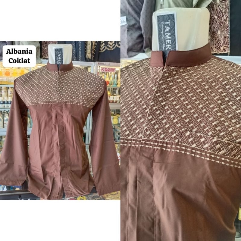Baju Koko / Baju muslim Pria Tamer lengan panjang bordir katun premium Albania