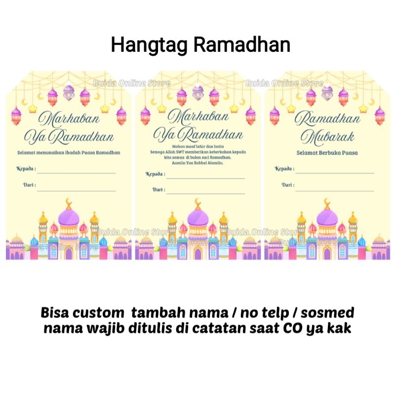 

Hang Tag Marhaban Ya Ramadhan Hangtags Selamat Menunaikan Ibadah Puasa Label Selamat Berbuka Puasa Bisa custom tulisan nama dekorasi kemasan hampers bingkisan hantaran takjil Kartu Ucapan Parcel tags Bingkisan Goodie Bag Kantong Hadiah