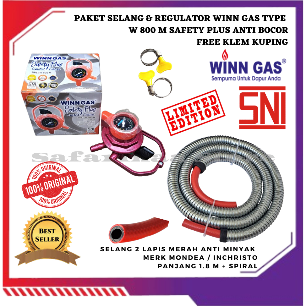 REGULATOR ANTI BOCOR KOMPOR GAS LPG WINN GAS W 800 M SAFETY PLUS + SELANG MERAH ANTI MINYAK 2 LAPIS