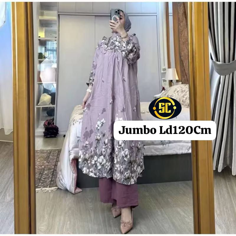 ONESET LONG TUNIK JUMBO WANITA FLOWER STELLA MELLIN SONIA RAYON KOMBINASI CRINKLE TERLARIS SUPER MEW