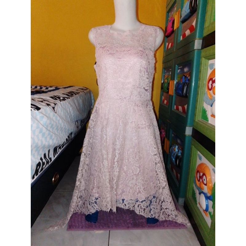 Mididress ICONS brukat baby pink full puring cantik bawah megar belakang Zipper panjang