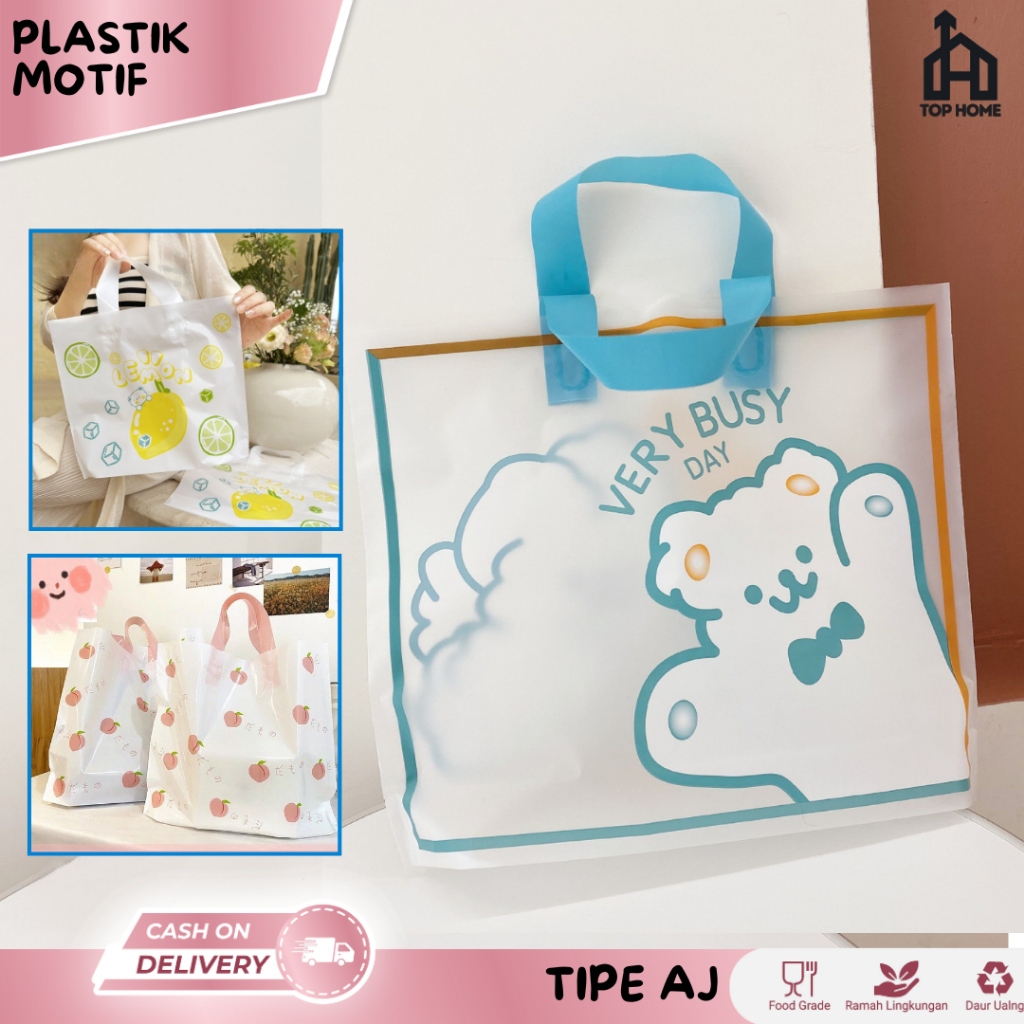 Kantong Plastik Bening 10 PCS Motif Print Motif Lucu Plastic Kresek Kemasan Goodie Bag Handle