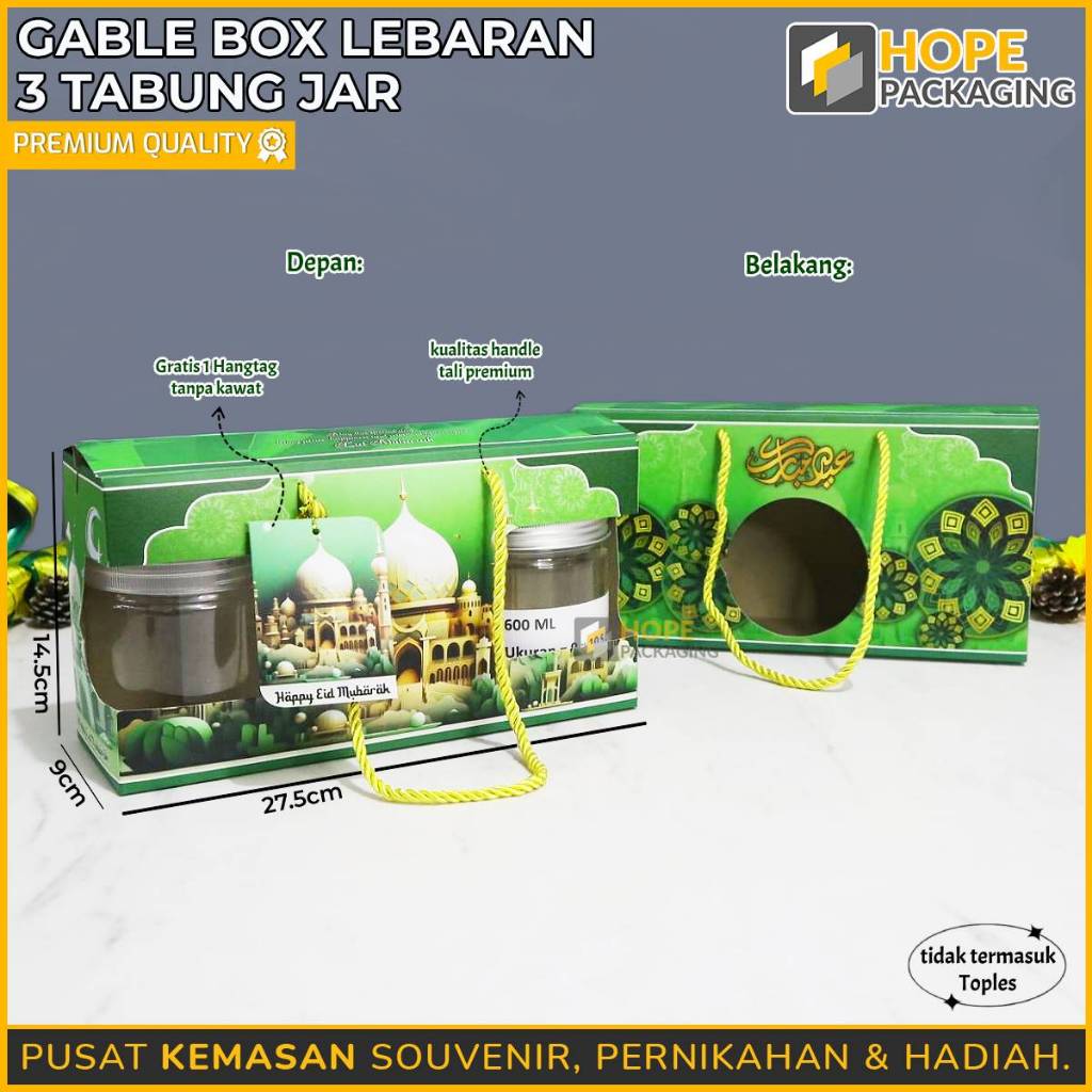 

Gable Box 3 Toples Jar 600ml / Box Souvenir Lebaran / Kotak Kue Idul Fitri / Box Kue Toples / Paper Box / Box 3 Jar / Dus Kue Toples