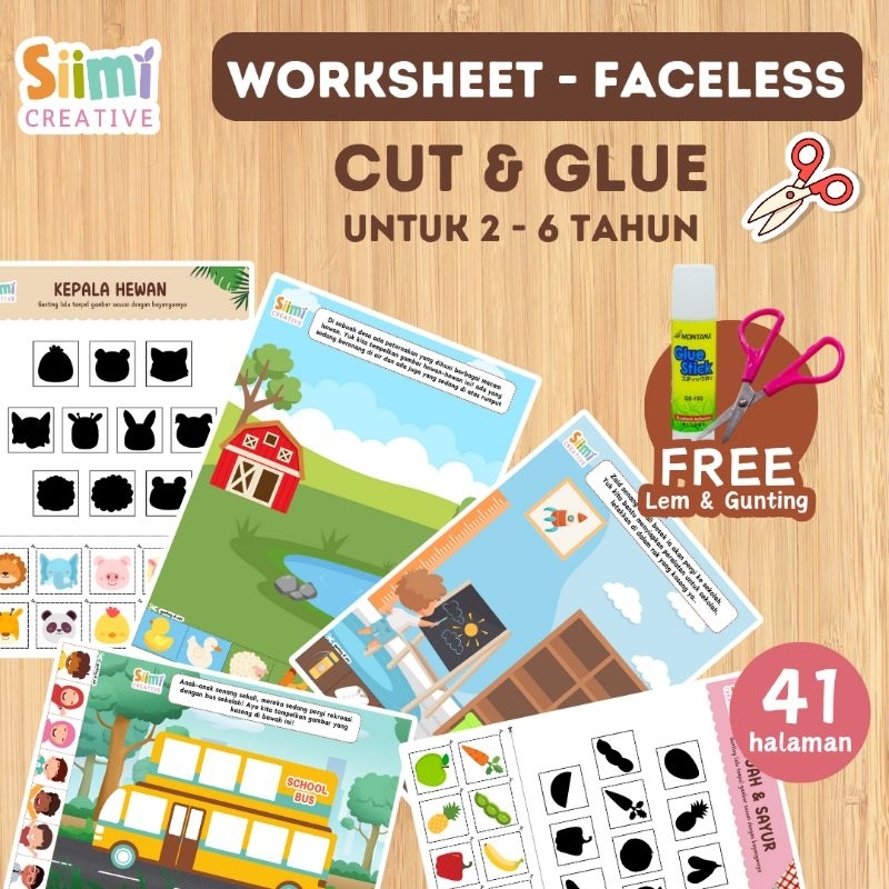 Worksheet Anak Menggunting - Faceless Usia 2-6 tahun Free Lem & Gunting