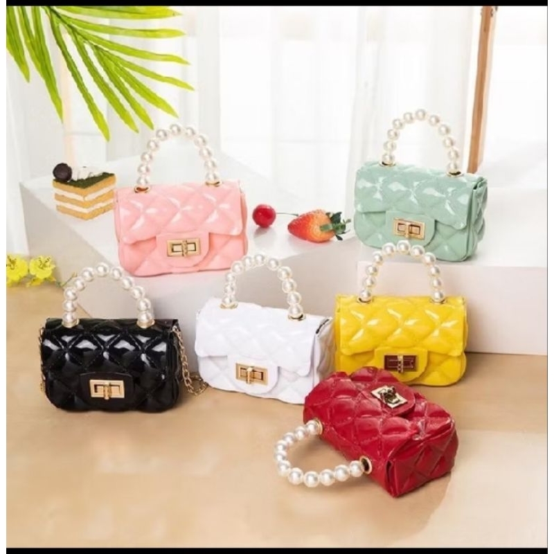 Tas Selempang Jelly / Tas Mutiara Fashion Korea / Handbag Mini Motif Mutiara / Bag Wanita Rantai Gol