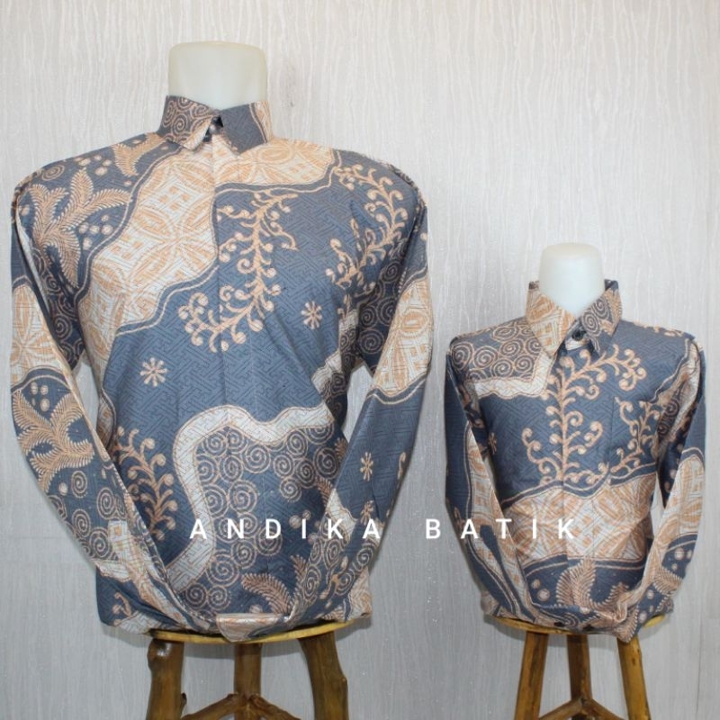 Z4 DK12.Kemeja Batik Couple Ayah Dan Anak Bahan Katun Premium Warna Abu abu Cream