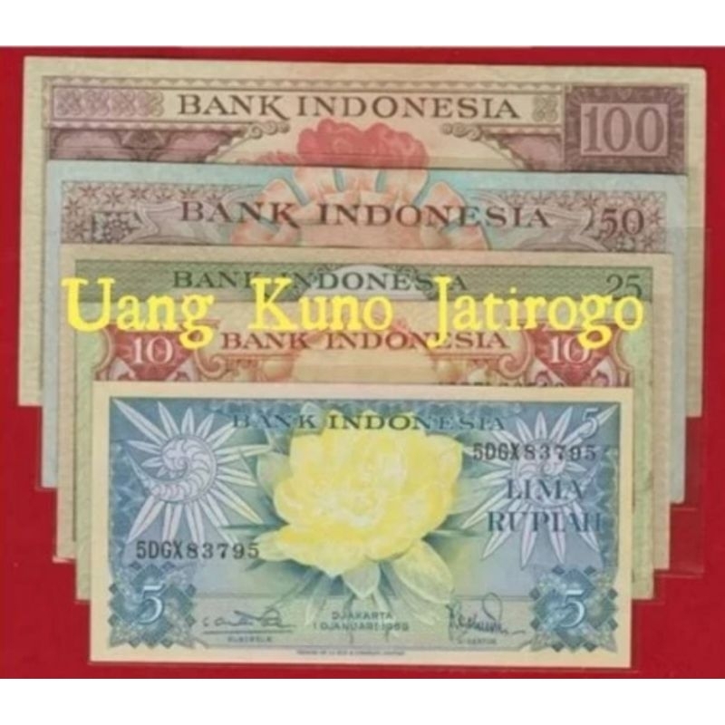 1 Set Uang Kuno Seri Bunga Pecahan 5 - 100 Rupiah 5 Lembar