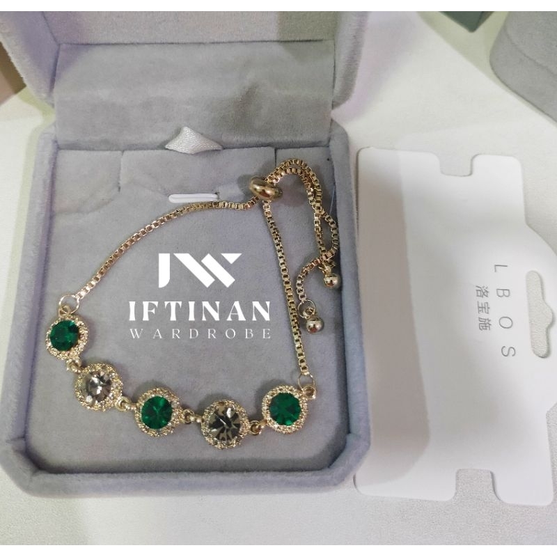 Gelang Serut Alloy Perak + Tembaga, mata Zirkon Emerald, Mevvah