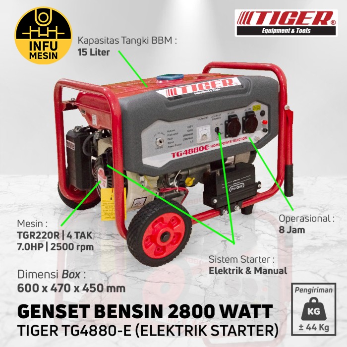 Genset 2800 Watt Bensin Tiger TG4880 E Starter elektrik