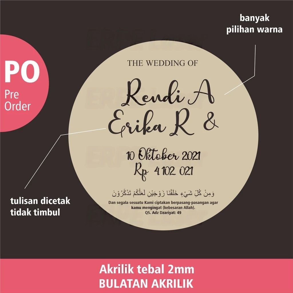 BULATAN AKRILIK LINGKARAN Custom Nama Dekorasi Mahar