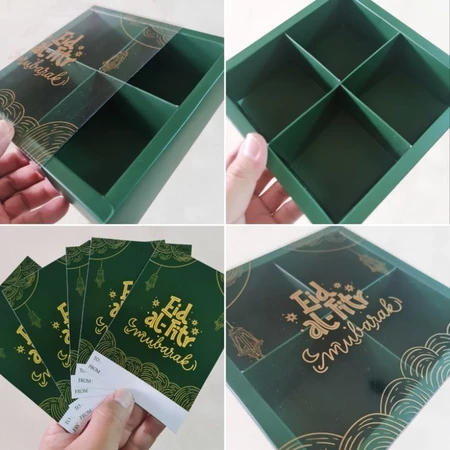 

( 5 Pcs ) Box Lebaran Idul Fitri Sekat 4 Design Eid Al Fitr Kardus Mika Slide Ukuran 18x18x5 cm