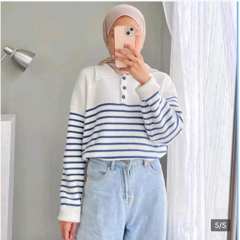 sweater rajut wanita Korean motif garis/Davina sweater rajut kancing depan