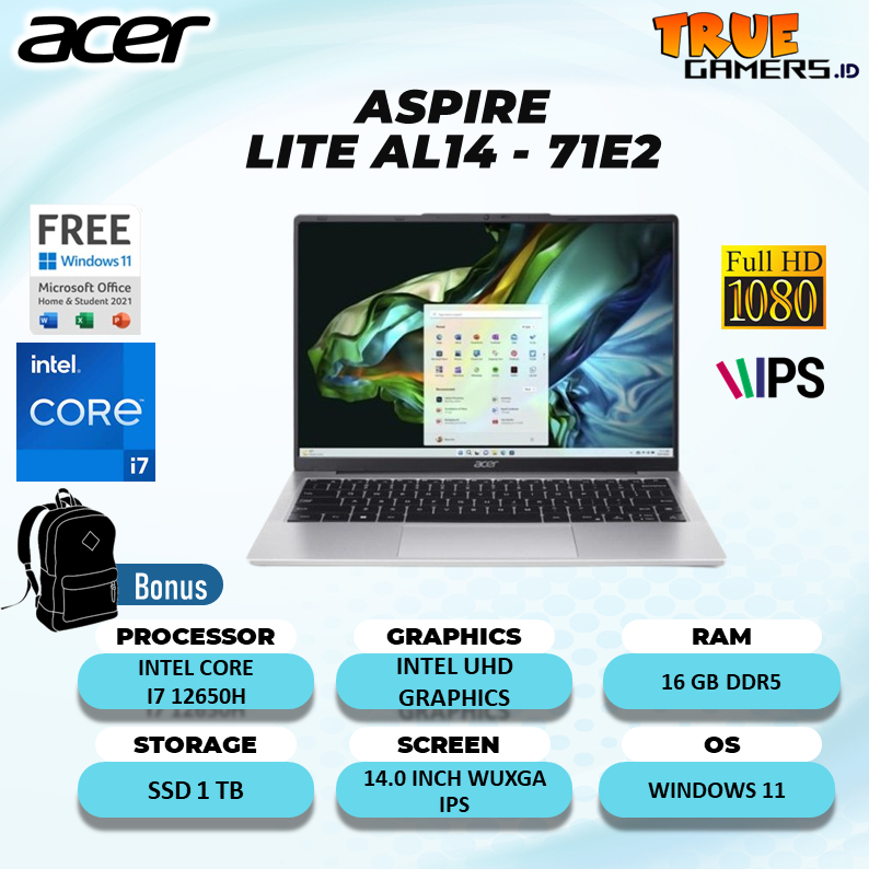 Laptop Acer Aspire Lite AL14 I7 12650H 16GB 1TB Windiws +OHS 14.0 WUXGA IPS