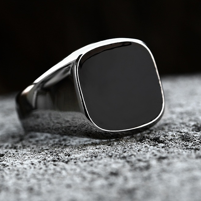 Cincin Mata Batu Hitam Kotak Bulat Beier Stainless Premium - Glossy Smooth Edge Black Silver Ring / 