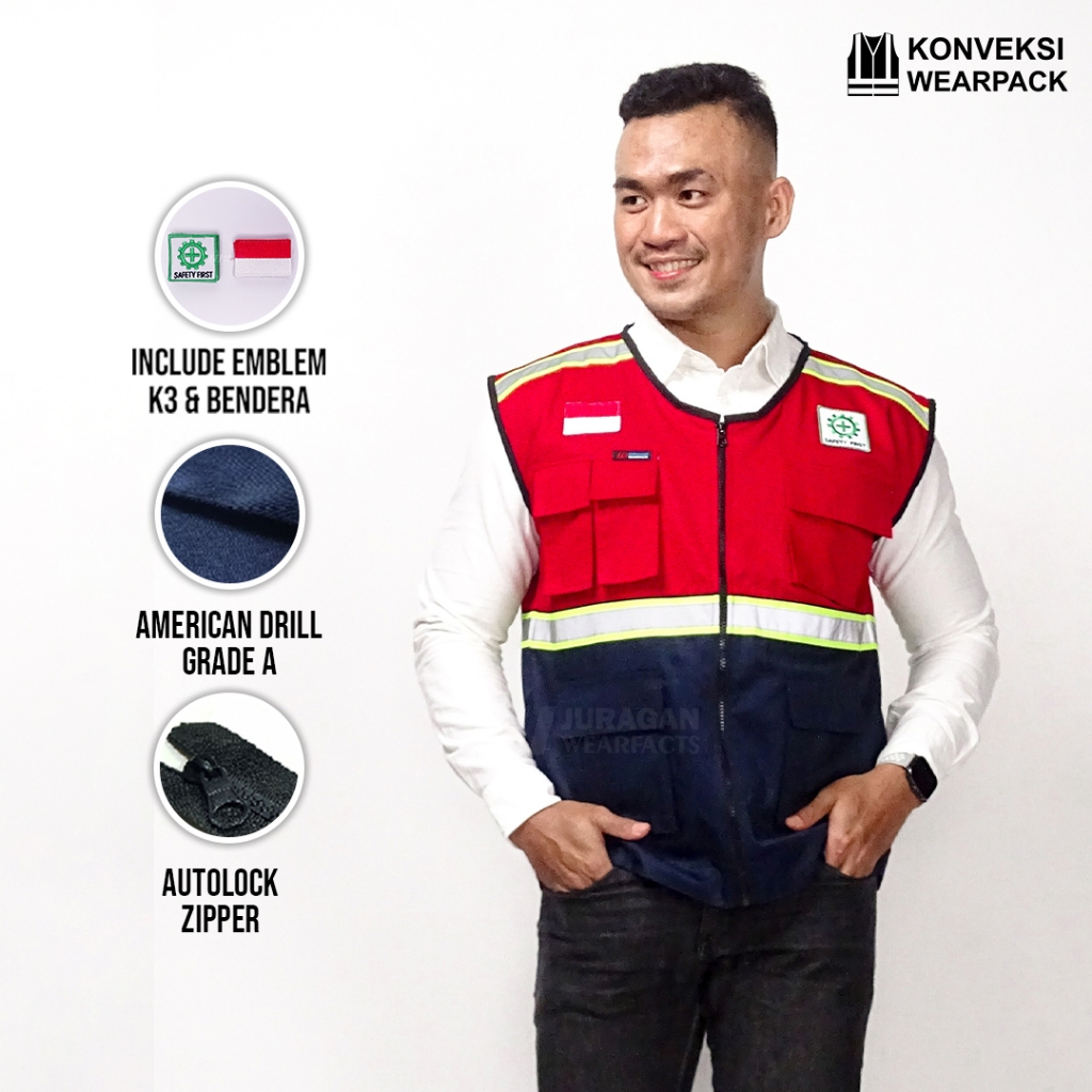 Rompi Vest Warna Merah Kombinasi Biru Navy