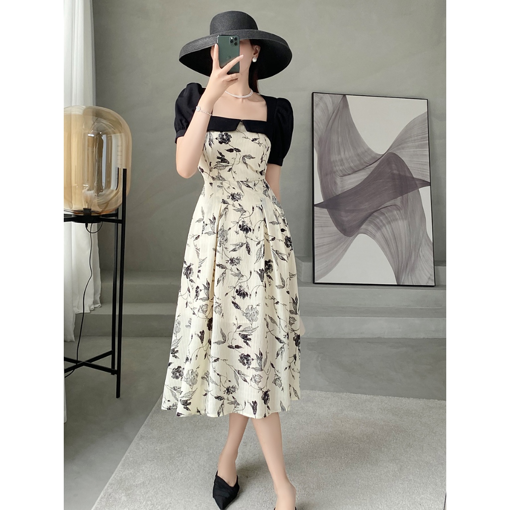 EMITA BLOOM long dress hitam bunga lengan pendek dress natal wanita kekinian korea style terbaru 202
