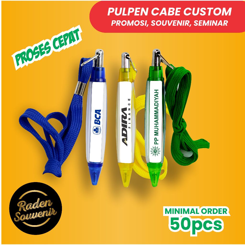 

Ballpoint Pulpen Cabe Tali Stiker Custom Desain Tulisan Seminar Souvenir Promosi