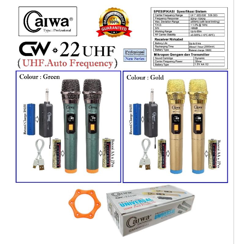 Mic Wireless Caiwa CW22 UHF +1 PC Baterai Rechargeable Microphone Mic Tanpa KabelMic Vokal Karaoke