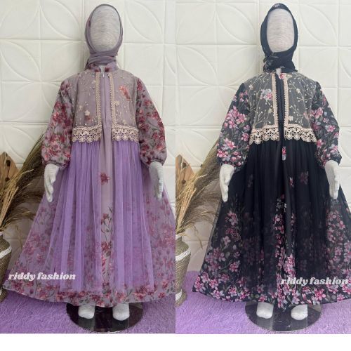 Gamis babydoll mix rompi renda anak perempuan usia 3 - 10 tahun / baju gamis motif bunga full furing