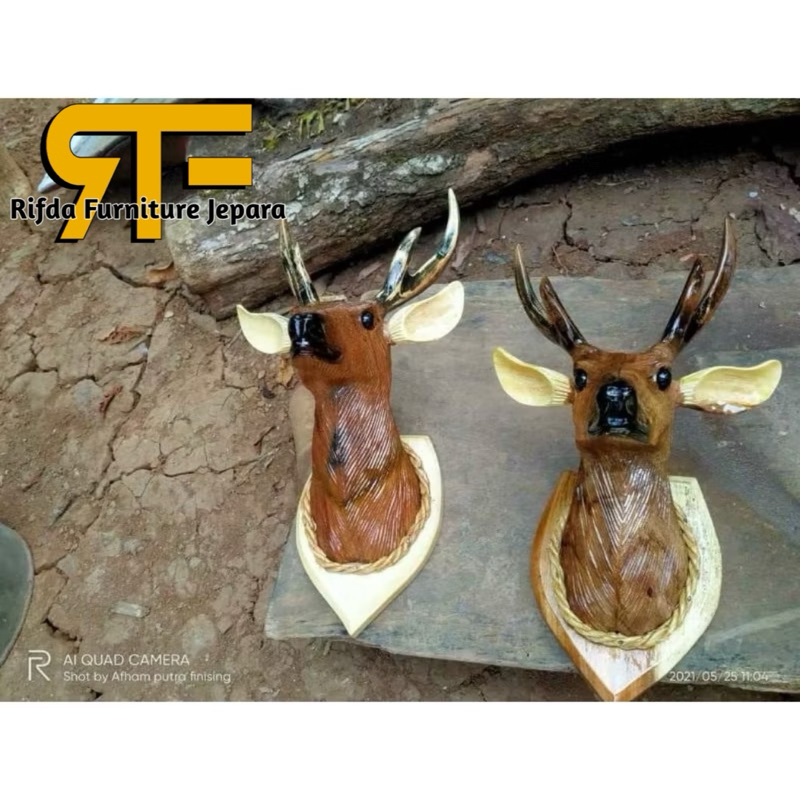 Patung Tanduk Rusa Jati Ukir Asli Jepara / Patung Kepala Rusa / Patung Antik