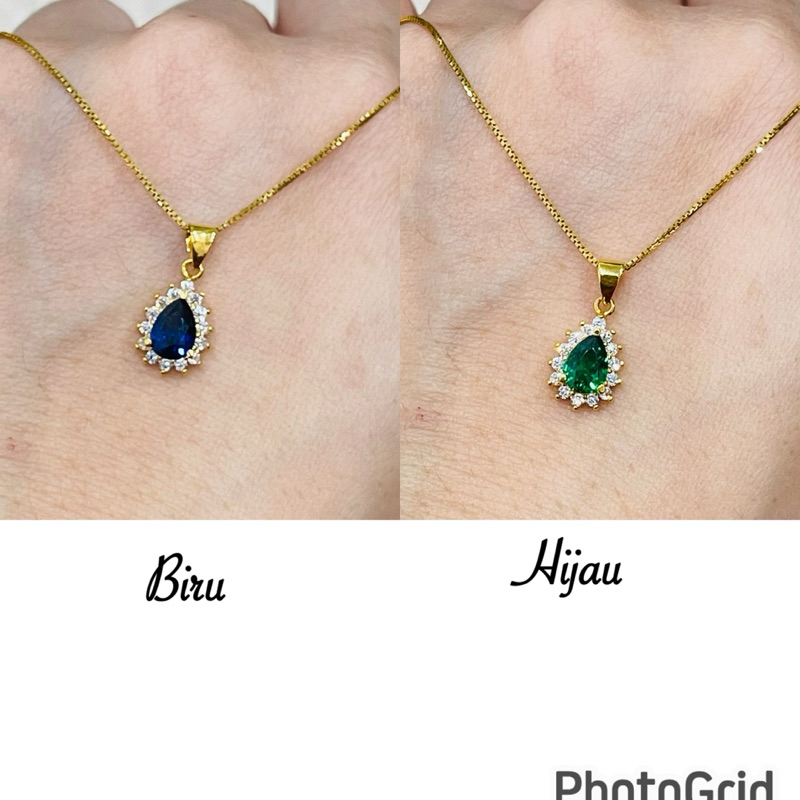kalung plus liontin tetes air permata biru dan hijau cantik elegant emas asli kadar 875