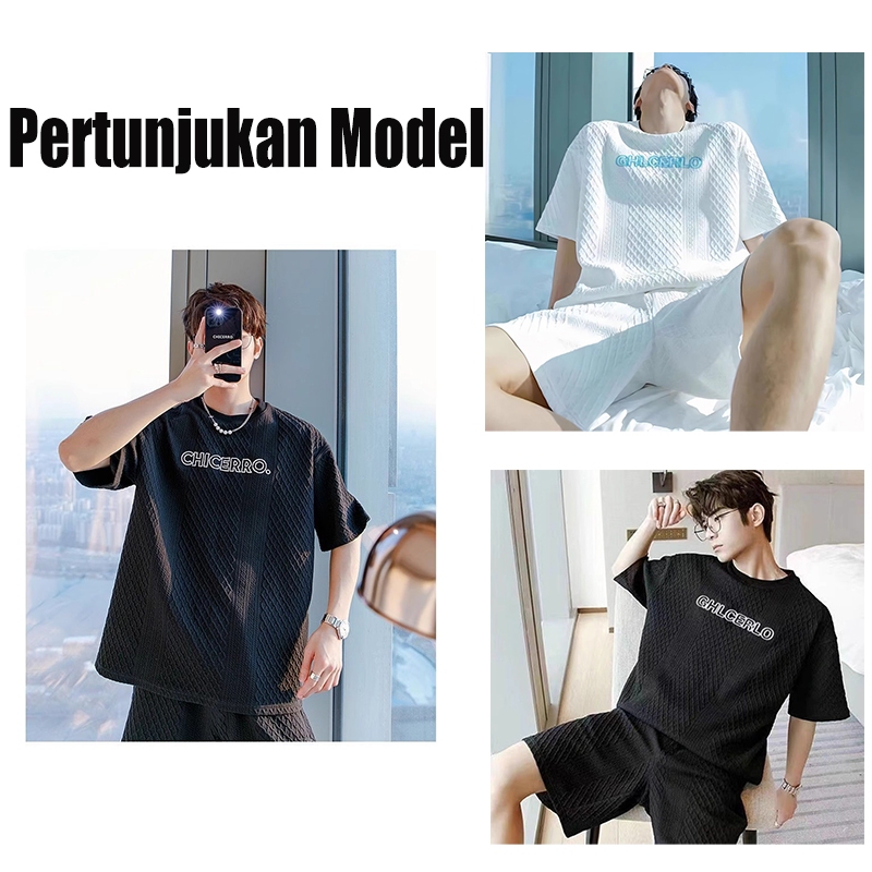kaos 1 set pria oversize Waffle outfit Korea style fashion olahraga Pakaian pria