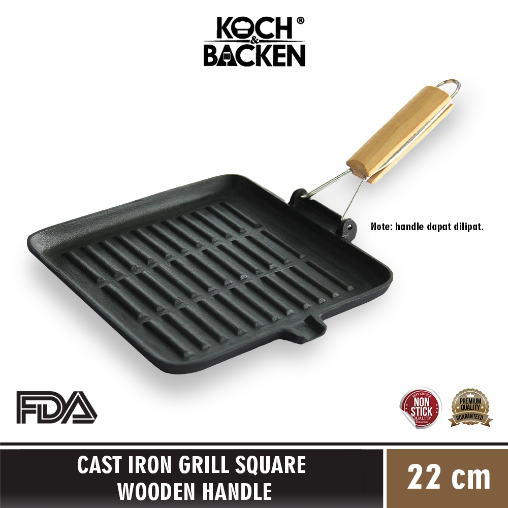 KOCH&BACKEN Cast Iron Grill Square Wooden Handle - Grill Gagang Kayu