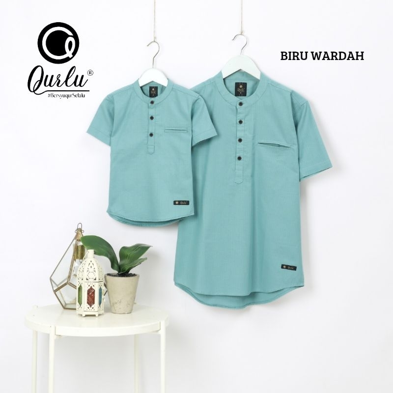 Qurlu - Kemeja Koko Dewasa/Anak warna biru WARDAH (baju couple ayah dan anak laki-laki) Baju Koko Pr