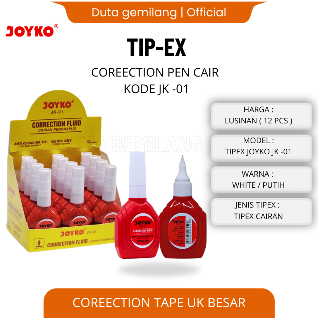 

Tipex cair joyko jk-01 / Correction Fluid / tipex Cair Botol Merah / Stipo / Cod / Tipex cair / Tip-ex / Duta Gemilang