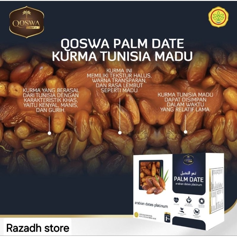 

KURMA TUNISIA MADU Merk Qoswa Arabian Dates Platinum 1kg (Produksi Terbaru)