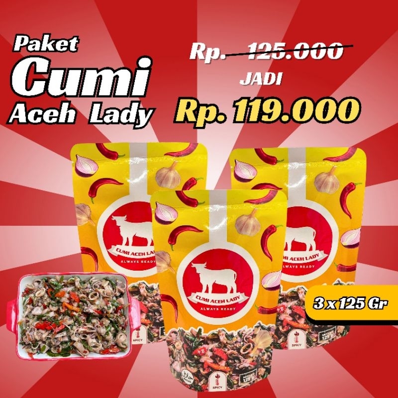 

Paket Cumi Aceh Lady / 3 Pack Cumi / COD / Kirim Seluruh Indonesia / Rempah Lady / Lauk Siap Saji / 3x125gr